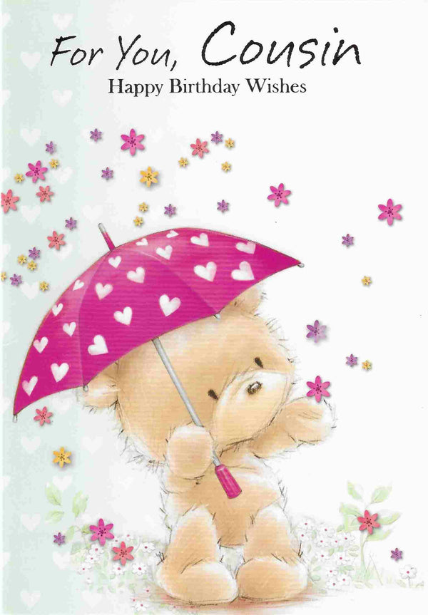 Birthday Card - For You Cousin Teddy With Umbrella