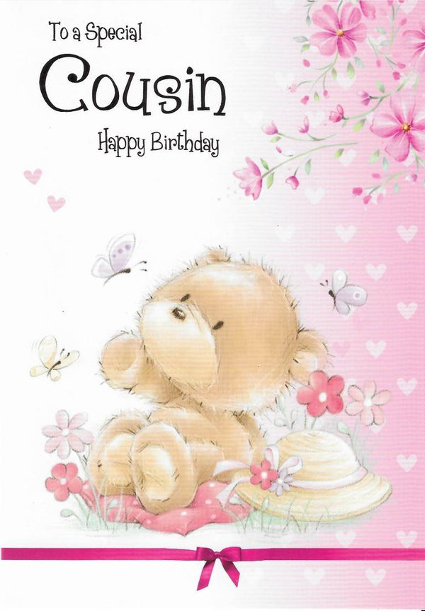 Birthday Card - Special Cousin Pink Teddy