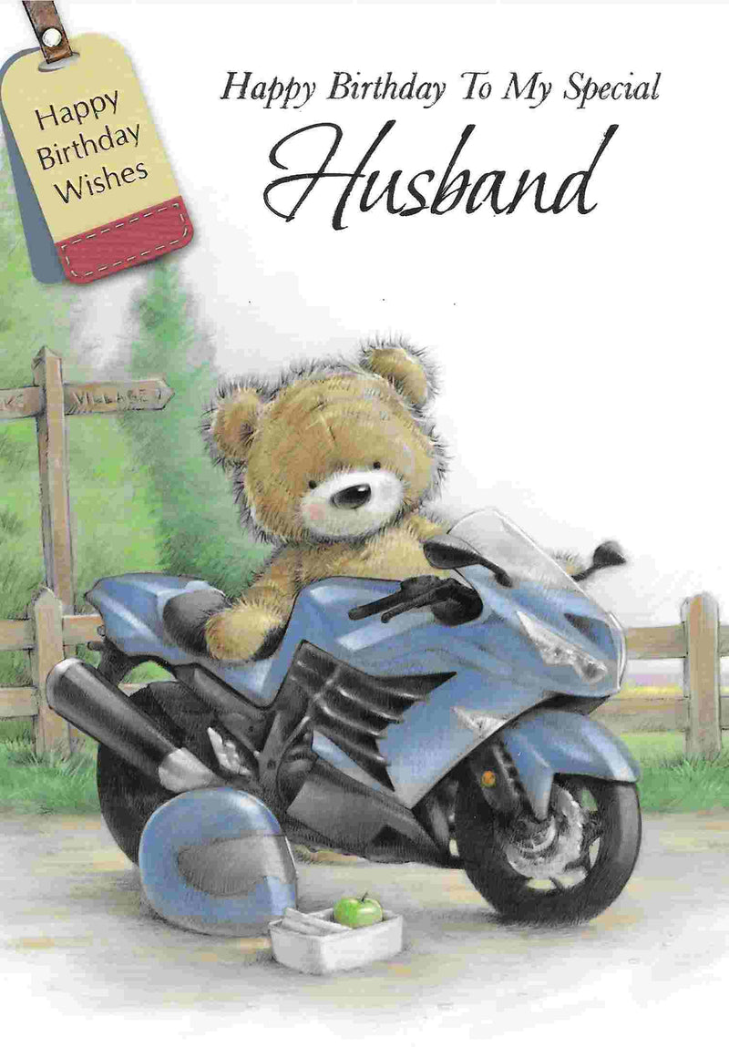 Birthday Card - Husband Teddy With Blue Bike